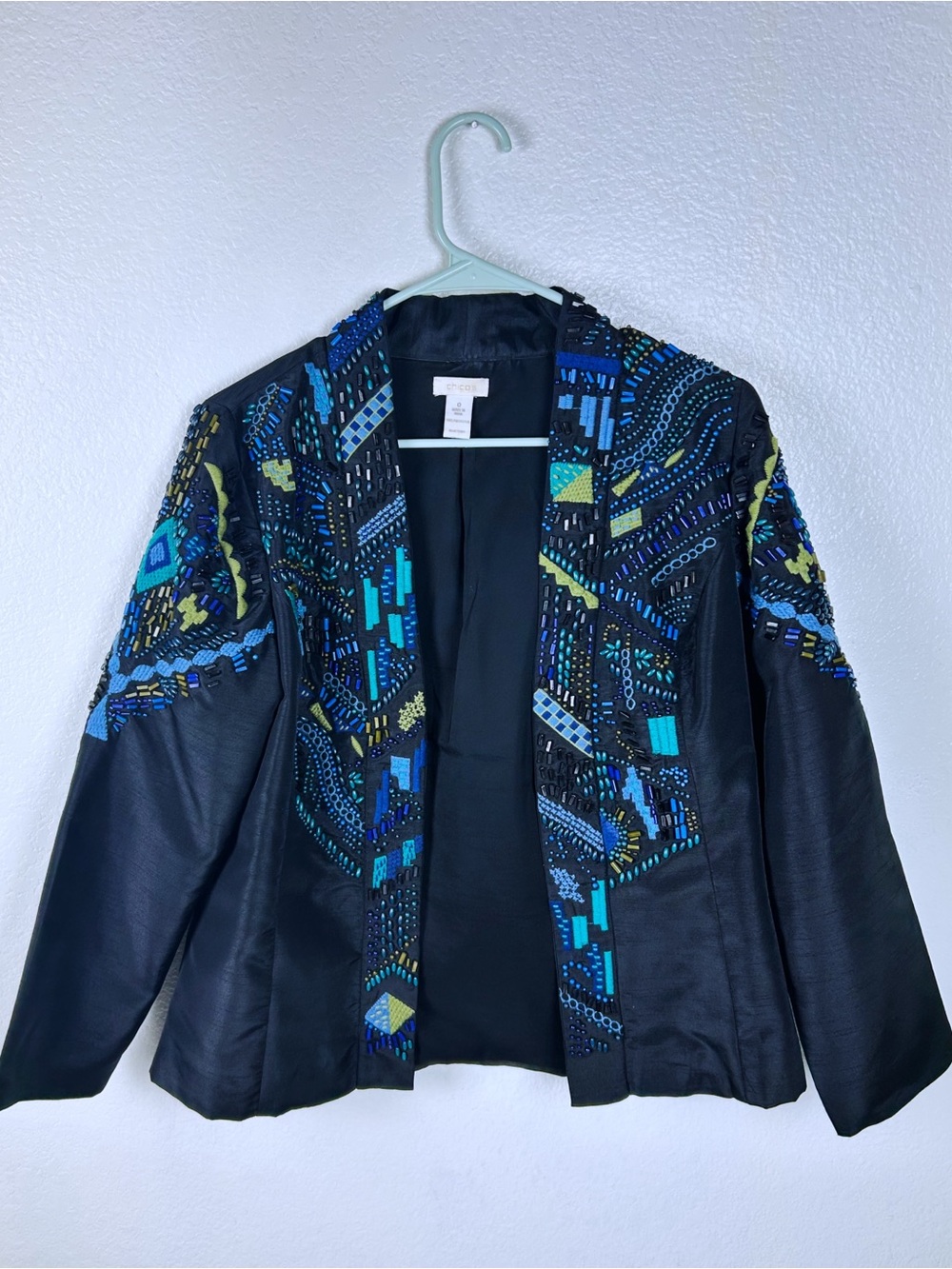 Chicos Embroidered, Beaded Open Front
JACKET Medium black multicolored bohemian